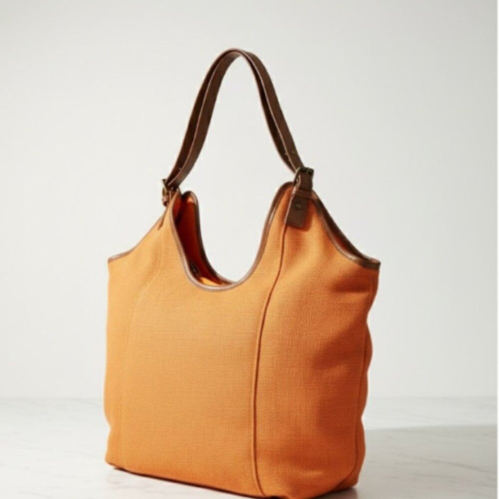 Orange Canvas Wooven Bag With Brown Faux leather Straps